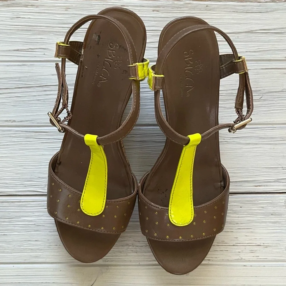 Sbicca California Neon Yellow Cork Wedge Heels 6